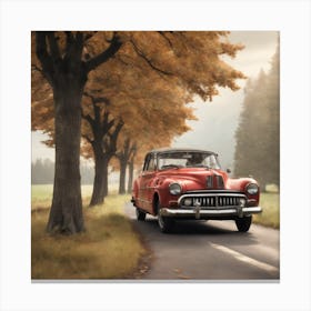 Red Vintage Car On A Country Road Canvas Print