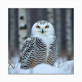 Snowy Owl In Birch Forest 1 Canvas Print