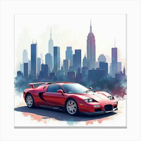 Bugatti Eb110 With A Dynamic, Watercolor City Skyline Canvas Print