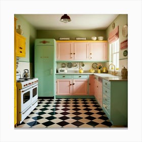 A retro-style kitchen with pastel colors with checkered flooring. Canvas Print