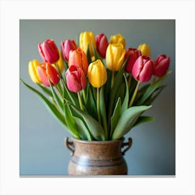 A Bunch Of Colorful Tulips Arranged In A Rustic Vase 1 Canvas Print