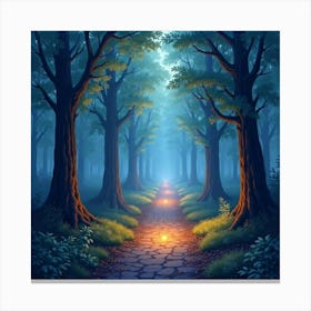 Mysterious Watercolor Forest Path With Glowing Lights 1 Canvas Print