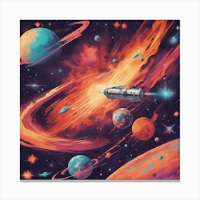 A Retro Style Universe Unveiled Blasting Space, With Colorful Exhaust Flames And Stars In The Backgr Canvas Print