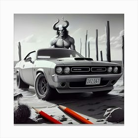 A Pencil Drawing Of A Dodge Demon At A Beach Front 3 Canvas Print