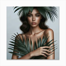 Beautiful Woman With Palm Leaves Canvas Print