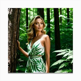 Beautiful Woman In Green Dress In The Forest Canvas Print