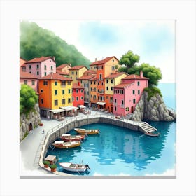 Scenic Watercolor Of An Italian Coastal Town With Colorful Buildings And Boats 1 Canvas Print