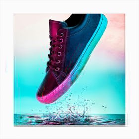 Sneaker In Mid Air Drenched In Turquoise And Pink Hues Bold Design Elements Catching The Light Fl Canvas Print