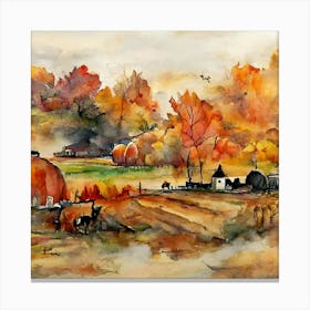 Fall Farm Watercolor Painting Canvas Print