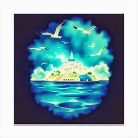 Seagulls Flying Over Island Canvas Print