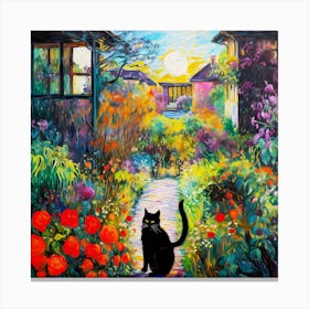 Black Cat In Monet Garden 1 Canvas Print