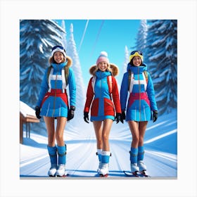 Three Girls On Skis Canvas Print