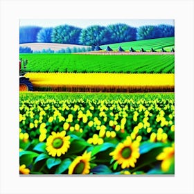 Field of sunflowers and blue trees Canvas Print