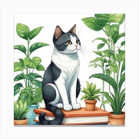 Cat Sitting On Books Canvas Print
