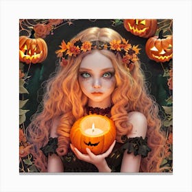 Halloween Girl Holding Pumpkin Canvas Print