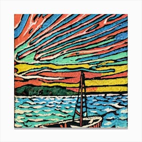 Oil painting of a boat in a body of water, woodcut, inspired by Gustav Baumann 8 Canvas Print