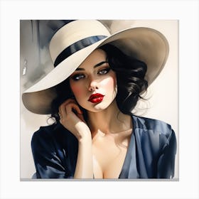 Beautiful Sensual Lady wearing a White Hat And Blue Silk Shirt - Watercolor Portrait Canvas Print