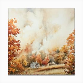 Autumnal Landscape Featuring Falling Leaves Watercolor Painting Soft Toned Florals Cottages With (1) Canvas Print