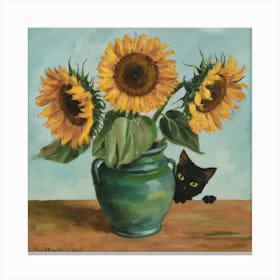 Vase With Three Sunflowers With A Black Cat, Van Gogh Inspired 11 Canvas Print