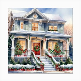 Christmas Decorated Home Outside Watercolor Trending On Artstation Sharp Focus Studio Photo Int (7) Canvas Print