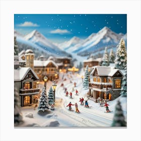 Miniature Winter Wonderland Capturing Skiers And Snowboarders Gliding Down A Snowy Landscape Surrou Canvas Print