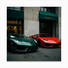 A Dark Green Lamborghini And Red Lamborghini Canvas Print