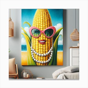 Pop Art Meets Corn: A Bright and Realistic Painting of a Corn with Pearl Earrings and Sunglasses Canvas Print