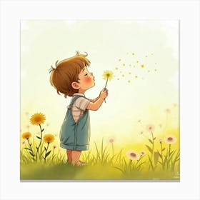 Toddler Blowing Dandelions In A Sunny Watercolor Meadow Canvas Print