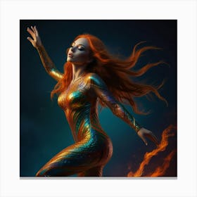 A Phoenix-style female mermaid suspended in space with her hands coming forward casting a spell with a dynamic and expressive hand pose, her face is serious, her long braided fire-red hair reflects psychedelic rainbow flames and her eyes are glowing neon orange with energy smoke coming from the sides, her bodysuit and boots are full gold chrome with her body in a defensive dynamic flying pose, psychedelic black light colors, hyper-realistic, Full body shot zoomed out xxc Canvas Print