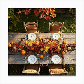 A Rustic Wooden Table Sun Dappled Bedecked By Autumns Bounty In A Traditional Country Garden Top Canvas Print