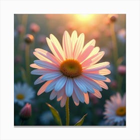 A Radiant Daisy With Petals Of Flowing, Iridescent Ribbons In A Dreamlike Meadow 1 Canvas Print