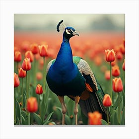 Peacock In A Field Of Tulips 1 Canvas Print