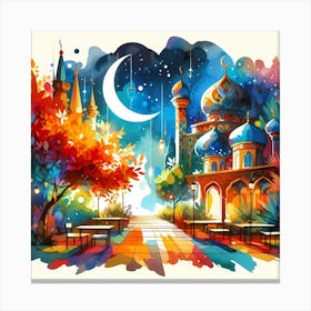 Watercolor Of Mosque At Night Canvas Print