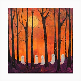 Ghosts In The Woods Orange Halloween Trees Canvas Print