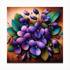 Title: "Violet Whispers"  Description: This vividly detailed image showcases a vibrant bouquet of pansies, each petal painted with a gradient of purple and blue shades, delicate white strokes, and a hint of yellow at the center. The flowers are nestled among rich green leaves with prominent veins, adding depth and contrast to the composition. Some buds and smaller blooms are in various stages of opening, symbolizing potential and new beginnings. The textured, warm-toned background complements the cool colors of the pansies, creating a cozy and inviting atmosphere. The artwork conveys a sense of gentle elegance and the simple joys found in nature's intricacies, evoking feelings of tranquility and admiration for the subtle complexities of flora. Canvas Print