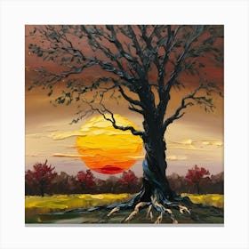 a tree with a yellow sun in the background and a brown sky above it 2 Canvas Print