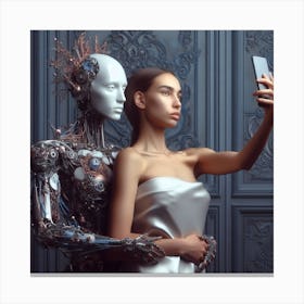 Robot And Woman Taking Selfie Canvas Print