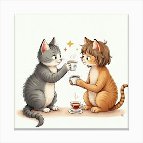 Cuddly American Shorthair Cat And A Person Sharing Tea In Watercolor 1 Canvas Print