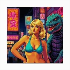 Retro Pop Godzilla with Blonde Canvas Print