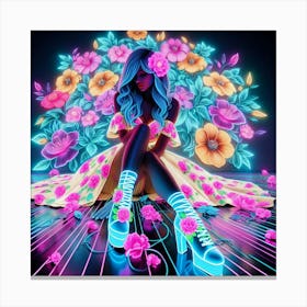 Neon Girl With Flowers Canvas Print