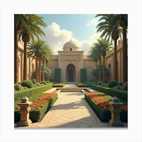 An Egyptian Garden With Colorful Flowers And Ancient Statues 1 Canvas Print