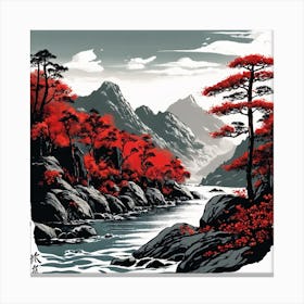 Chinese Landscape Mountains Ink Painting (81) Canvas Print