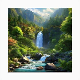 Beautiful Valley with Waterfall Landscape Canvas Print