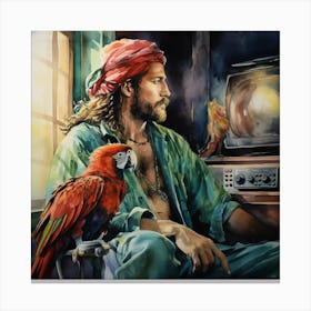 Pirate And Parrot Watching TV Canvas Print