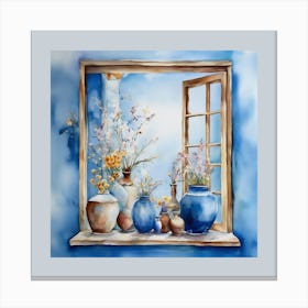 Blue wall. Open window. From inside an old-style room. Silver in the middle. There are several small pottery jars next to the window. There are flowers in the jars Spring oil colors. Wall painting.2 Canvas Print