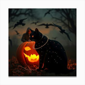 Black Cat By Halloween Pumpkin - Diverse Art Illustration 62 Canvas Print