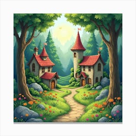 Fairy Village Hidden In An Enchanted Forest, Watercolor 1 Canvas Print