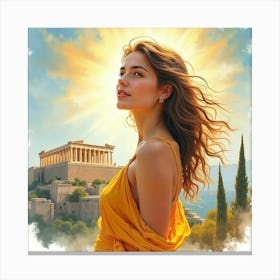 Radiant Greek Woman In Watercolor, With The Ancient Acropolis In The Distance 1 Canvas Print