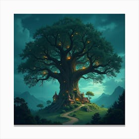 Giant Tree With A Hidden Village Nestled In Its Branches, Magical Lights Glowing 1 Canvas Print