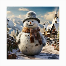 Snowman In The Village Canvas Print